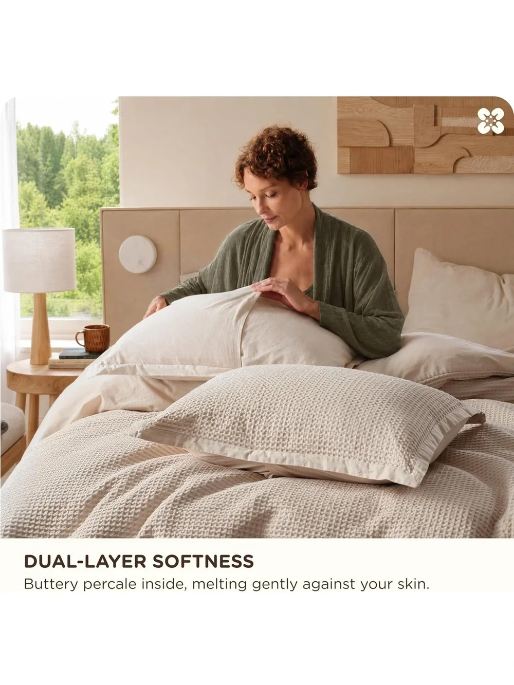 NEW Bedsure PureWoven 3 Pieces 100% Cotton Waffle Duvet Cover Set, King, Beige